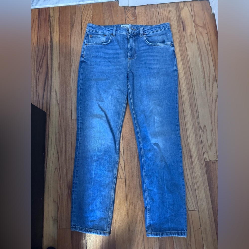 Zara 90’ slim Jeans Womens Size 8 Blue  Cotton High Rise Distressed